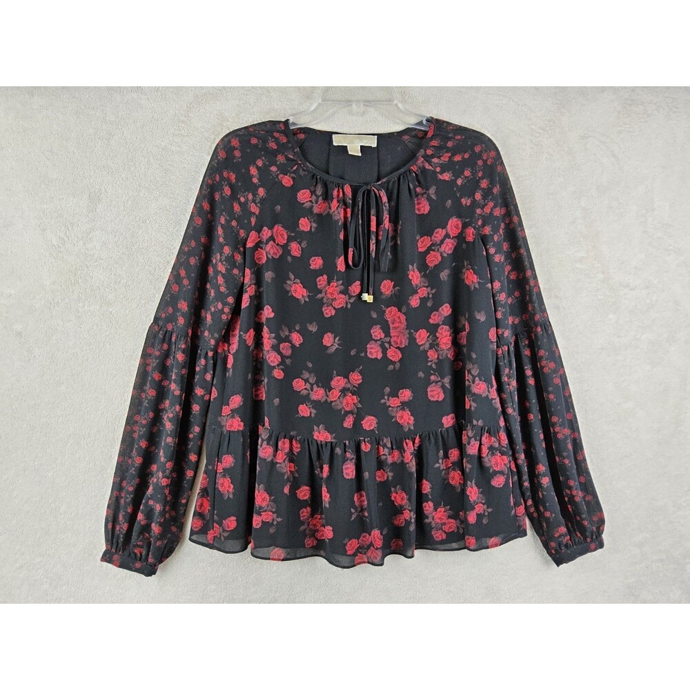 Michael Kors MK Women’s Lined Sheer Sleeve Ruffle Tie Neck Floral Top Sz XS